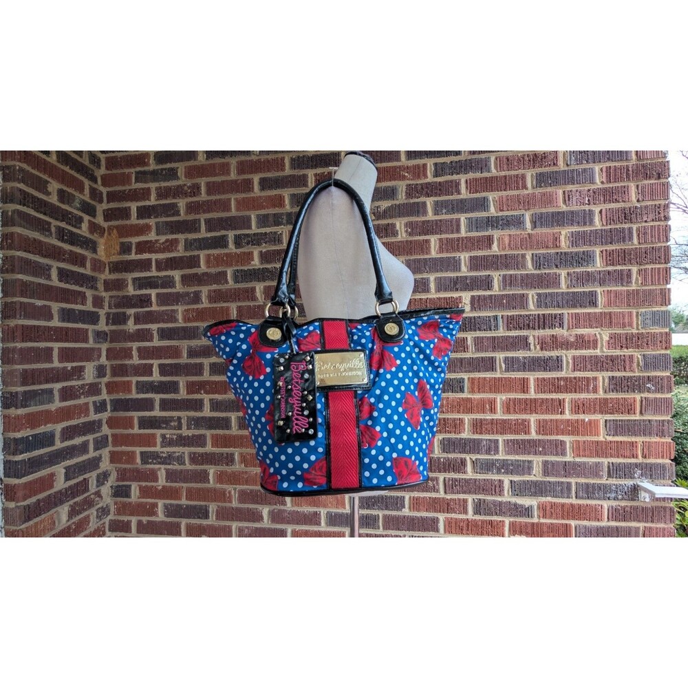 Vintage Betseyville by Betsey Johnson Blue Polka Dot w/ Red Bows Med Tote Bag